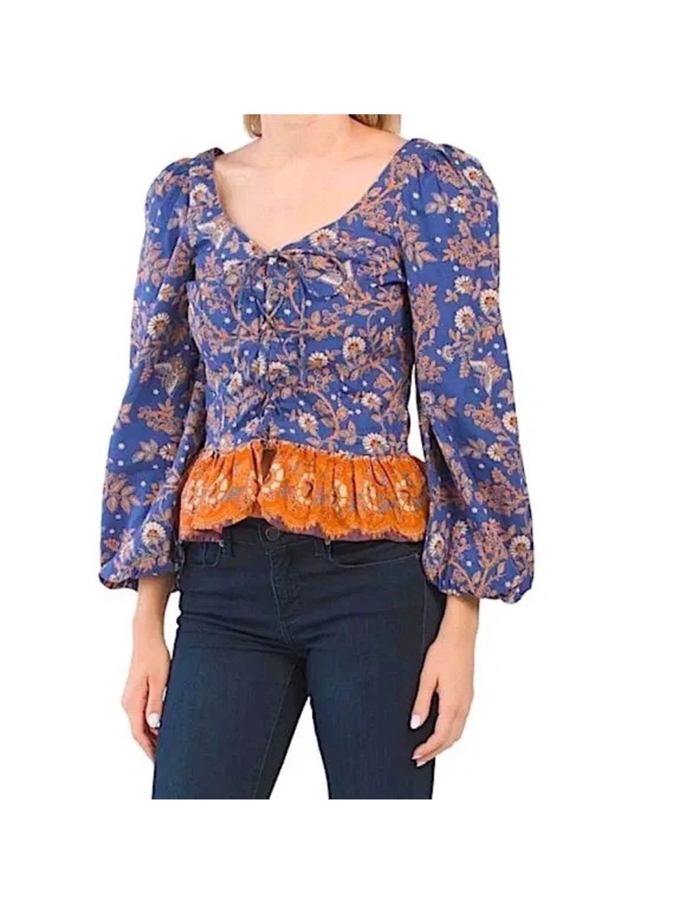 House of Harlow 1960 Nastassia blue floral blouse lace-up Corset front Medium
